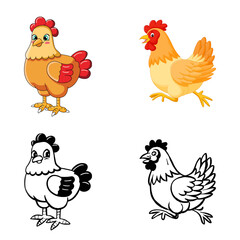 Four Cartoon Chickens, Two Colored and Two Black and White Line Art