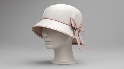 Off-white cloche hat with blush pink ribbon bow on mannequin head