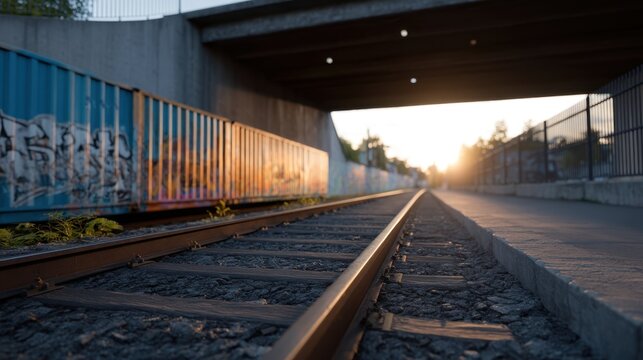 Abandoned Train Cars Covered in Colorful Graffiti Under a Bridge at Sunset
