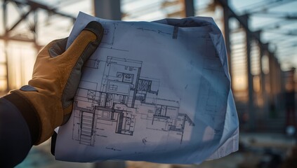 An architect hand holding blueprint and assessing a construction plan