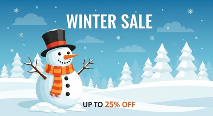 Winter Sale Snowman with Scarf and Hat, Up to 25% Off Banner Background