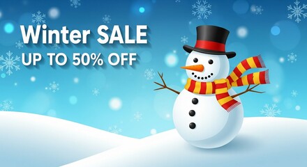 Winter Sale Promotion with Cute Snowman and Snowflakes Background