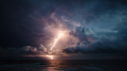 Nature's Spectacle: Close-up of Dynamic Lightning Strike Over Stormy Ocean, Capturing Raw Power and Majesty
