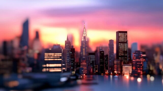 Vibrant city skyline at sunset with tilt shift effect miniature look modern urban landscape view