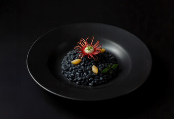 Black Risotto with Flower Garnish and Almonds