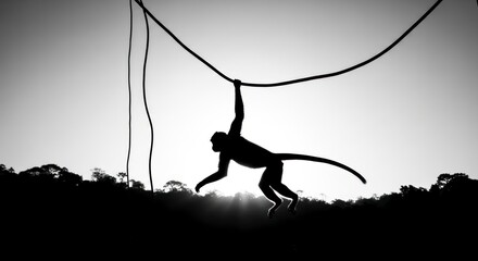 Monkey silhouette swinging from a rope against the sunset.