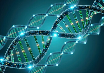 A futuristic digital DNA double helix with glowing binary code, symbolizing bioinformatics, genetic data, and advanced biotechnology.