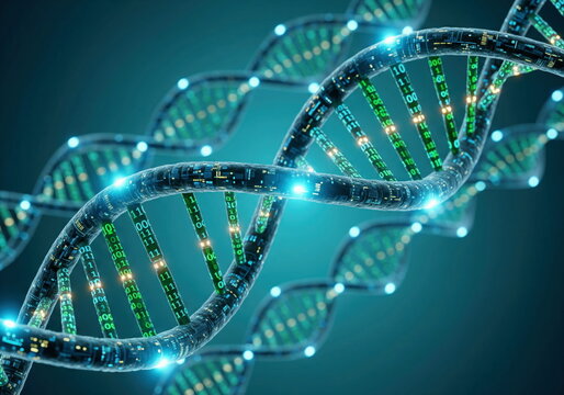 A futuristic digital DNA double helix with glowing binary code, symbolizing bioinformatics, genetic data, and advanced biotechnology.