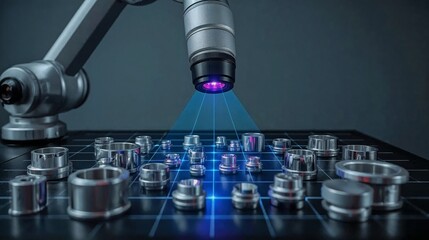 Fototapeta premium Robotic Inspection Arm Scanning Precision Metal Components With Blue Laser Grid Inside High-Tech Industrial Quality Control Environment