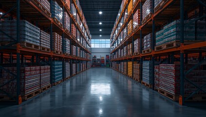 Fototapeta premium a well-organized warehouse interior with rows of stocked shelves. The warehouse is filled with goods ready for distribution