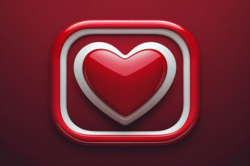 Glossy 3D Heart Icon with Double Border on Red Background – Love and Like Symbol Perfect for love, likes, social media, romance themes, and digital interface design.