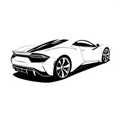 &ldquo;Monochrome vector sports car with sharp, futuristic edges, positioned slightly to the right, low aerodynamic stance, black fill with white contour lines, graphic circular wheel patterns, subtle groun