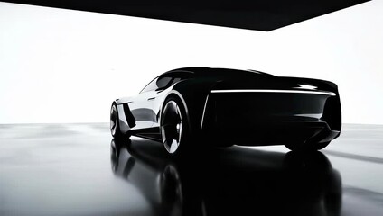 Sleek Black Sports Car Gleaming Under Studio Lights Reflecting On Polished Floor