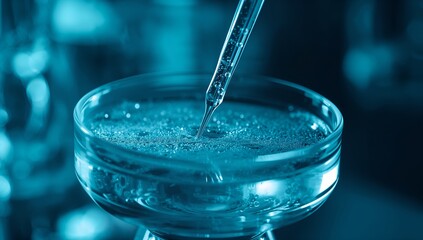 a close-up shot of a transparent glass containing water and a pipette dripping liquid into it