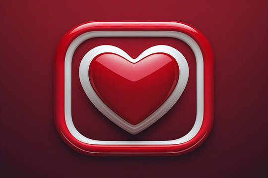 Glossy 3D Heart Icon with Double Border on Red Background – Love and Like Symbol Perfect for love, likes, social media, romance themes, and digital interface design.