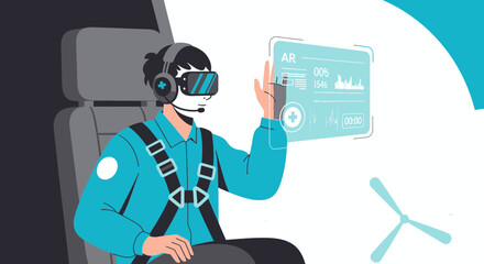 Innovative virtual reality simulation interface displaying flight control and data visualization