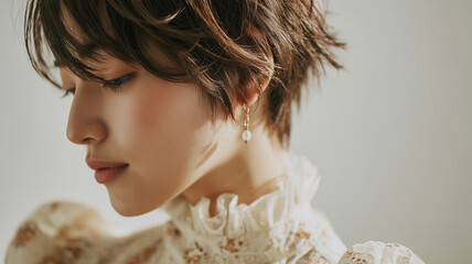 女性が横顔で真珠のイヤリングを上品に見せる姿