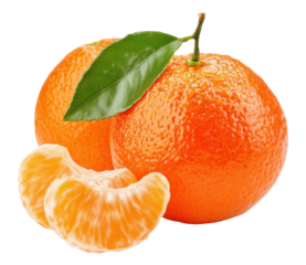 Fresh orange tangerine with peeled segments and green leaves, isolated on transparent background
