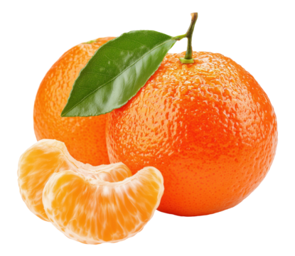 Fresh orange tangerine with peeled segments and green leaves, isolated on transparent background
