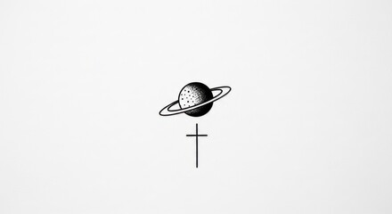 Planet and Cross Minimalist Design on White Background.