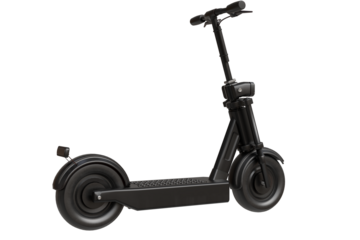 A sleek, modern dark grey electric scooter stands isolated on a transparent background, viewed from a side angle. Its minimalist design highlights urban mobility