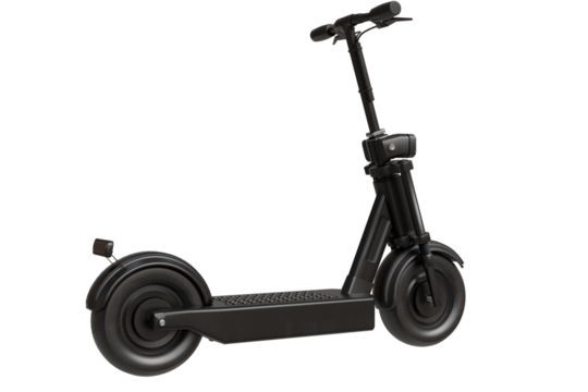 A sleek, modern dark grey electric scooter stands isolated on a transparent background, viewed from a side angle. Its minimalist design highlights urban mobility