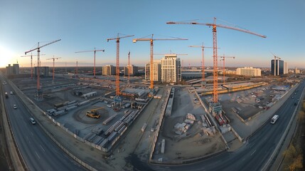 A panorama view captures construction cranes, buildings and construction site under blue sky. The scene showcases industrial development and urban growth, highlighting the modern architecture.