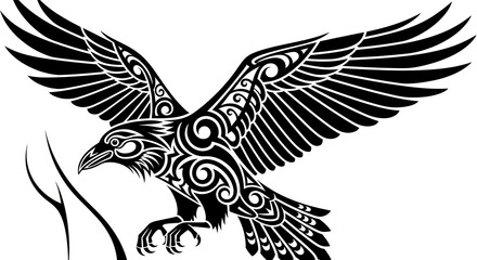 Raven in Flight - Intricate Tribal Art Design.
