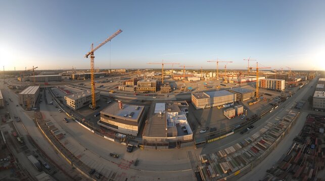 an expansive aerial shot of a bustling construction site, with numerous cranes dotting the landscape, structures being built, and a panorama view of a sunny day