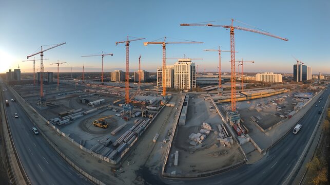 A panorama view captures construction cranes, buildings and construction site under blue sky. The scene showcases industrial development and urban growth, highlighting the modern architecture.