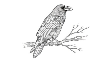 Raven Perched on Branch - Detailed Line Art Illustration.