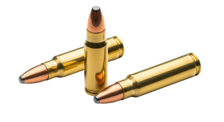Three rifle bullets isolated on transparent background, ammunition for hunting and target practice
