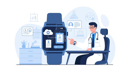 Medical professional interacting with health data displayed on a smart watch interface showing