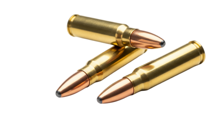Three rifle bullets isolated on transparent background, ammunition for hunting and sport