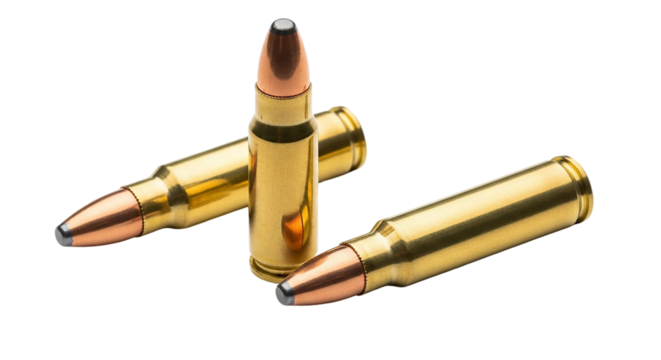 Three rifle bullets isolated on transparent background, ammunition for hunting and target practice