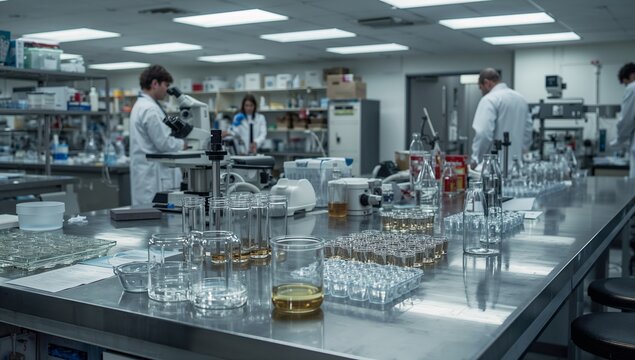 inside of laboratory with scientists working on experiments using various equipment