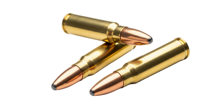 Three rifle bullets isolated on transparent background, ammunition for hunting and sport