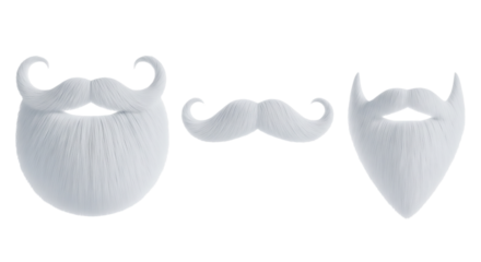 Three different white santa claus beards and mustaches isolated on transparent background