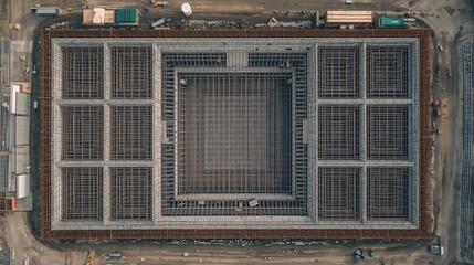 aerial view of a large concrete building with a complex structure