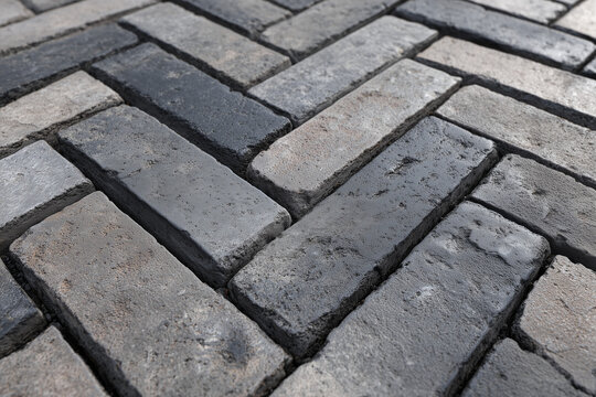 Pavimento de adoquines grises en patr&oacute;n espiga para exteriores urbanos, ideal para aceras, patios y entradas por resistencia, est&eacute;tica moderna y textura antideslizante que mejora la seguridad peatonal