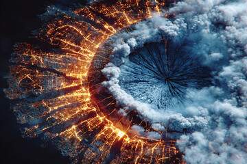 Surreal aerial view of a massive impact crater resembling a giant cosmic eye with a burning city and smoke