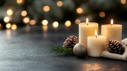 Festive holiday arrangement with three glowing candles, fir sprig and pine cones against a dark background, warm bokeh lights creating a cozy Christmas atmosphere - Powered by Adobe