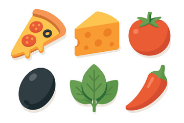 Colorful pizza ingredients for a delicious meal preparation. Set of 6 vector illustration