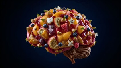 a conceptual artwork depicts the brain crafted entirely from a variety of fresh fruits. This imaginative representation symbolizes the nourishing power of nature