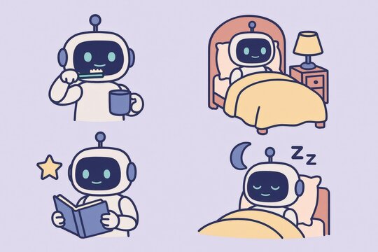 Cheerful robot engaging in daily routines including brushing teeth, reading bedtime stories, and peacefully sleeping to convey the importance of self care and nighttime rituals