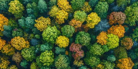 Aerial view of a dense forest with various trees in different colors, including green, yellow, and orange, set against a clear blue sky.