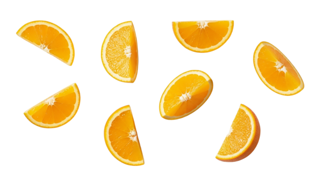 Fresh orange slices arranged on an isolated on transparent background, top view
