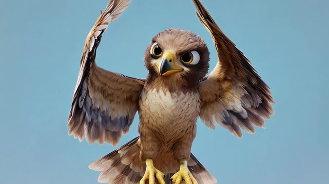 A detailed cartoon hawk with wings spread wide on a blue sky