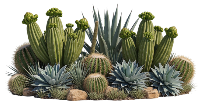 Group of various cacti and succulents isolated on transparent background