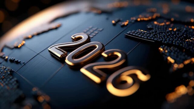 Elegant gold digits 2026 wrapped around a stylized globe with glowing city lights against a dark background, evoking a sleek, futuristic, international new year concept - Powered by Adobe